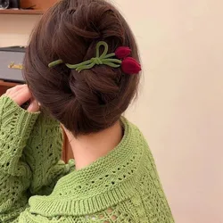 Flocked Tulip Twist Hair Clip Green Velvet With Red Flowers For Women Back Head Updo Elegant Accessory Large Size Grip