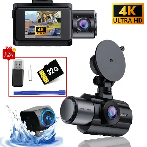 4K 3 Channel Dash Cam with 2" IPS Screen, IR Night Vision, Loop Recording, G-Sensor, Parking Monitor - Vehicle DVR Recorder