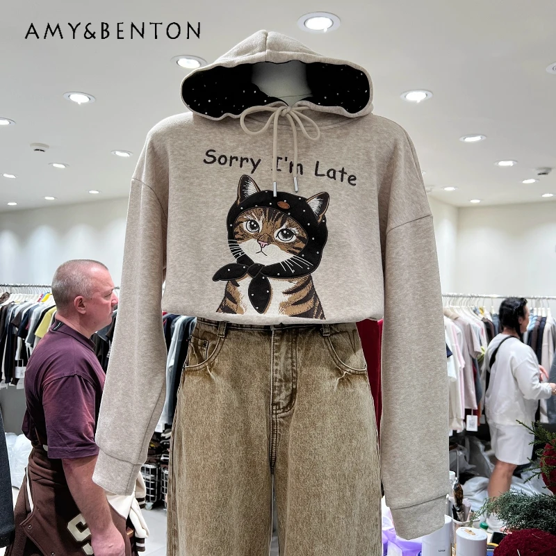 

Polka Dot Cartoon Cat Fleece-Lined Hoodies For Women's Autumn Winter 2025 New Loose Pullover Top Jacket Short Warm Sweatshirts