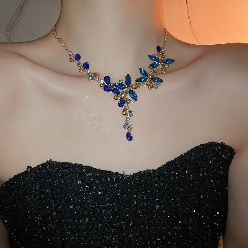 Inlaid Rhinestone Flower Tassel Earrings Necklace Two-piece Set Elegant Collarbone Chain Mesh New Dainty Blue Accessories
