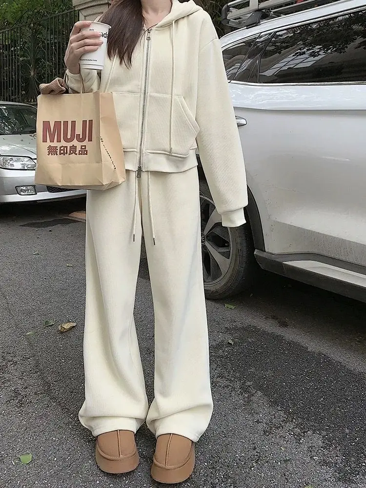 

Salt Series Spring Autumn Winter Fleece Lined Casual Sportswear Set Hoodie Jacket Long Sleeve Zipper Closure High Waist Pants