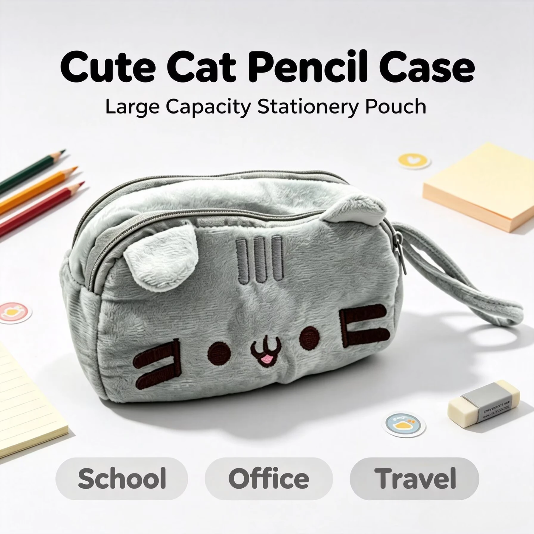 HEISS #   Kawaii Dickes Katzen-Cartoon-Federmäppchen, große Kapazität, Schreibwarenbeutel für Schüler, tragbare Stiftaufbewahrungstasche, Kosmetiktasche, Geschenke