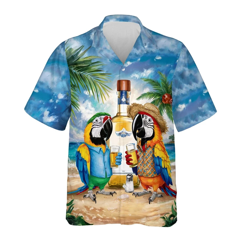 

2025 New Hawaiian Shirt For Men Women Parrot Rooster Graphic Button Short Sleeve Shirts Summer Holiday Beach Lapel Blouse Tops