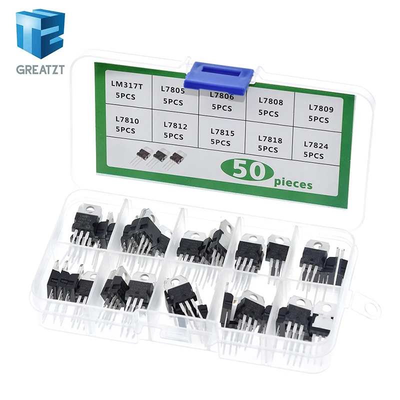 LM317T L7805 L7806 L7808 L7809 L7810 L7812 L7815 L7818 L7824 Transistor Assortment Kit 10value*5pcs 50PCS Voltage Regulator Box