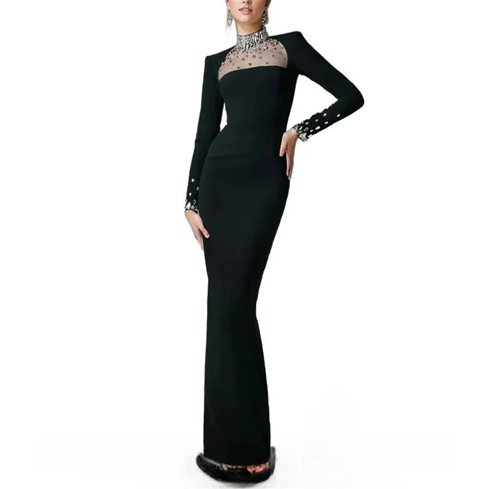 High Sheer Neck Women's Long Summer Evening Dress Sleeves Elegant Evening Black Dress Straihgt Elegant Mother's Party Gowns