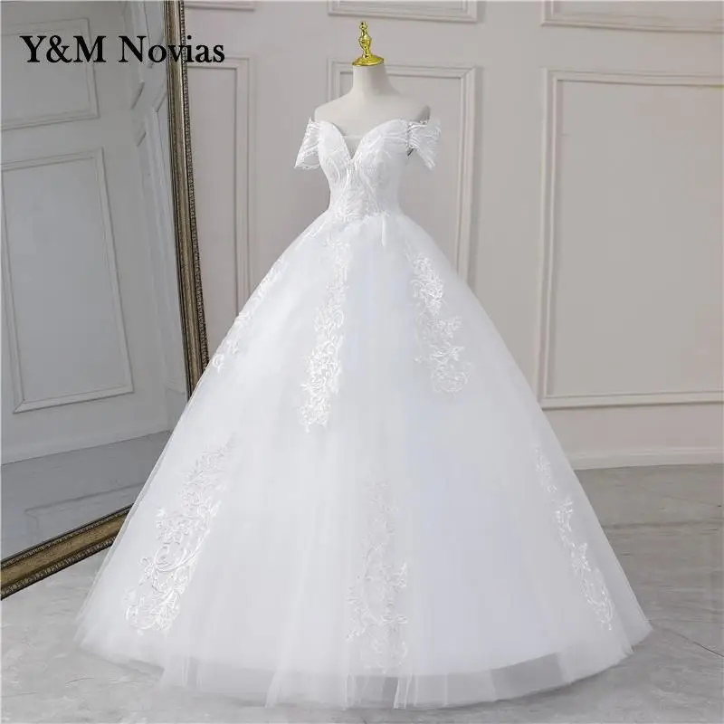 Y & m novias vestido de casamento personalizado manga boné moda elegante barco pescoço fora do ombro princesa renda bordado vestidos de baile de noiva