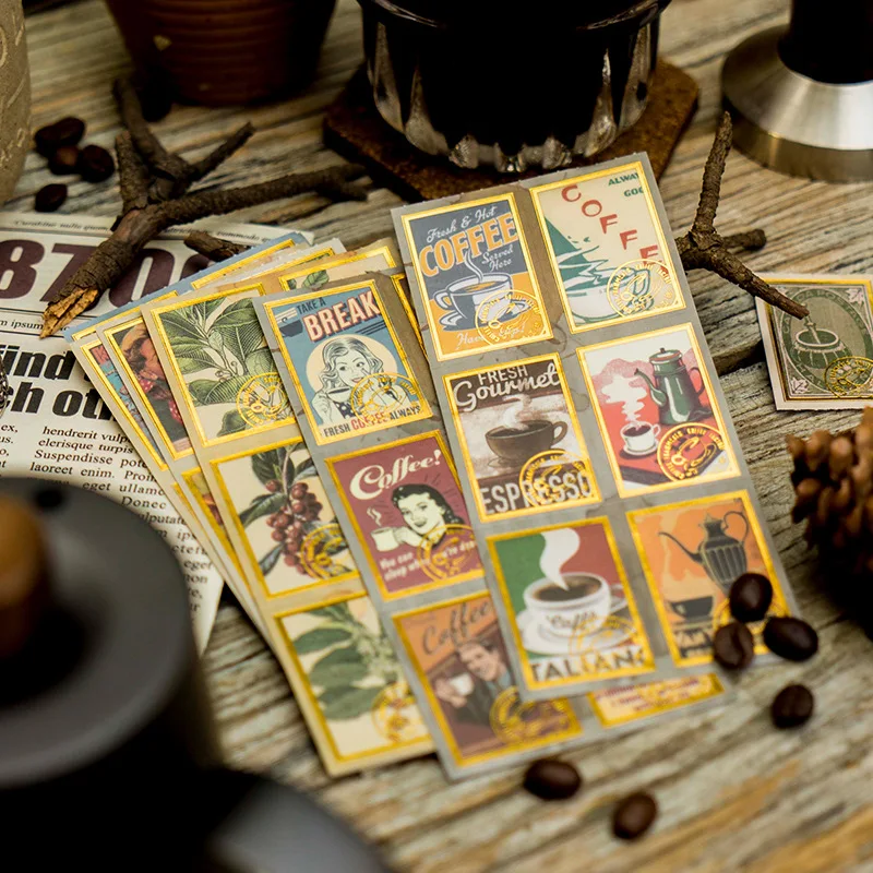 20 Sheets Vintage Artistic Gold Foil Coffee Themed Sticker Book Retro Cafe Decals Scrapbooking DIY Journal