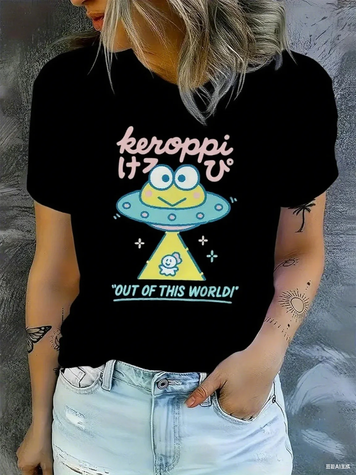 

Cute Keroppi Out of This World Design Cotton Tee Trendy Printed Brand Pure Cotton T-shirt Short Sleeve Unisex Round Neck