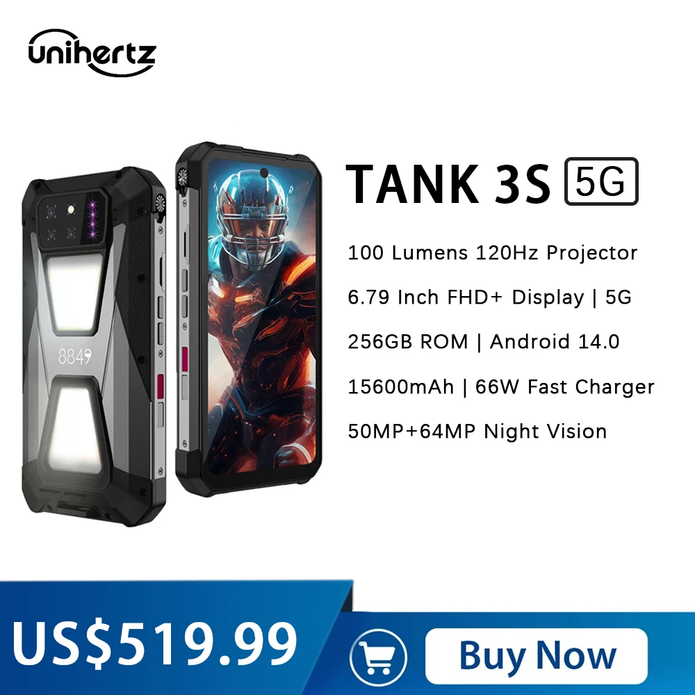 8849 Tank 3S Unihertz Rugged Phone with Projector 12GB RAM 256GB ROM 15600mAh 64MP Night Vision 66W NFC 5G Smartphone Android 14