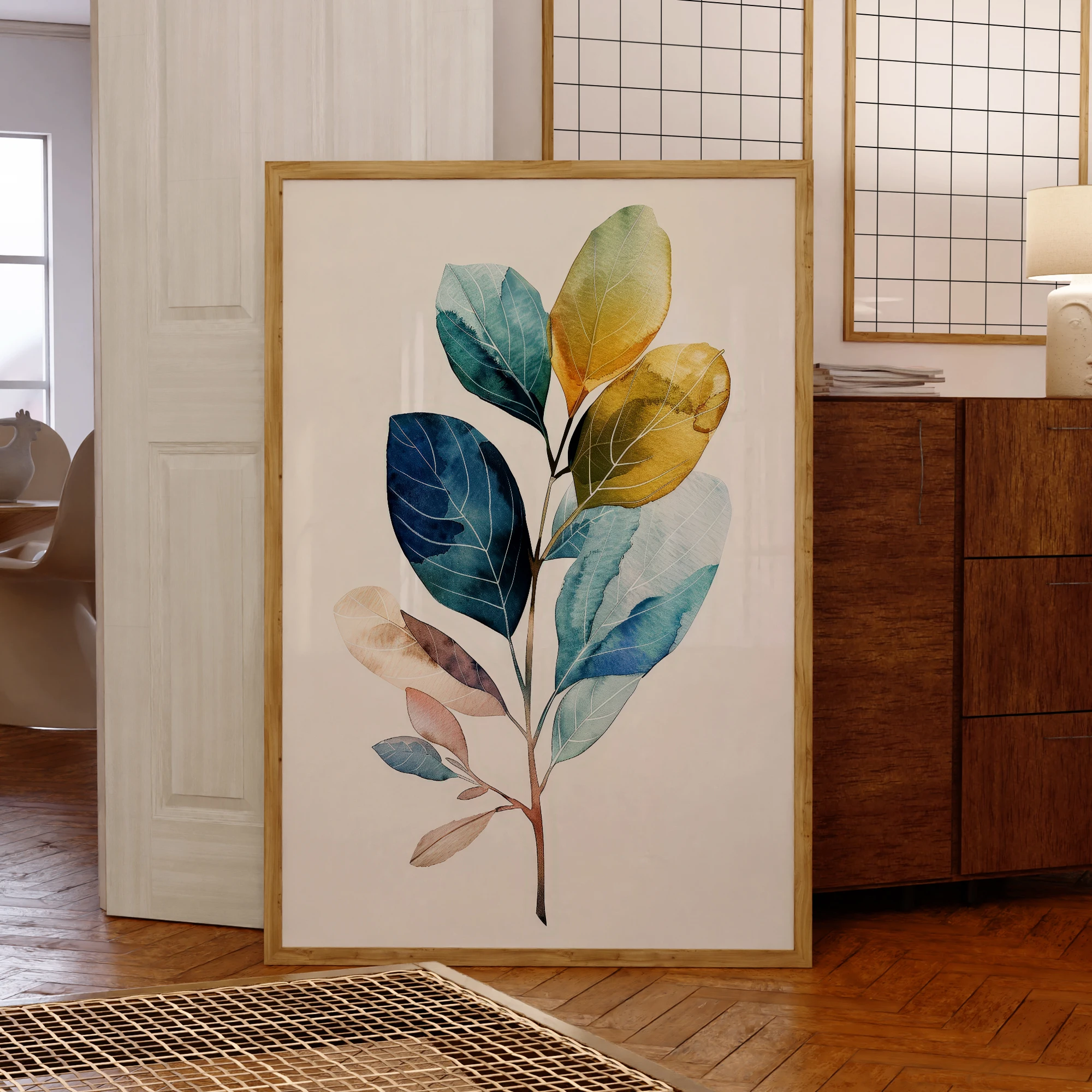 Modern Watercolor With Gold And Blue Leaves Wall Art Prints Canvas Painting Poster Picture For Living Room Home Decor