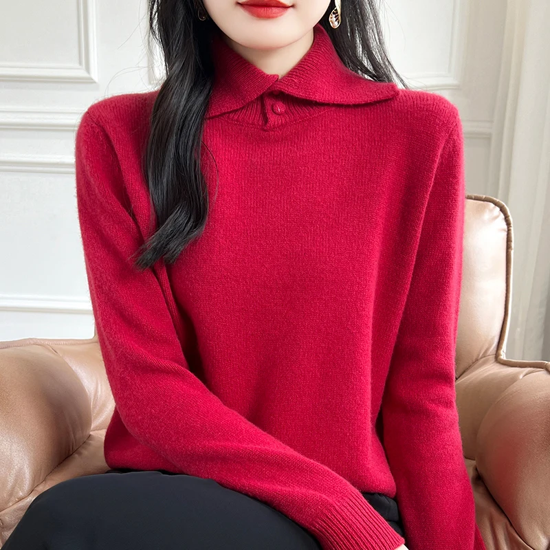 Fashion Thickened Turn-over Collar Woolen Cashmere Sweater 100% Merino Wool Pullover Long Sleeves Solid Color  Clothing Top