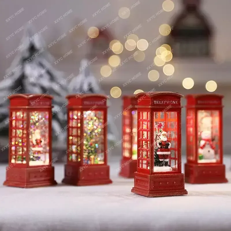 Red Vintage Luminous Christmas Phone Booth Lantern Christmas Tree Snowman Santa Claus Figurine In Telephone Booth Christmas