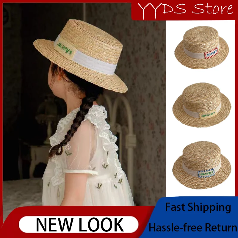 

Japanese Simple Cloth Labels Child Straw Hat Boy Girls Big Edge Straw Grass Flattened Shade Hat