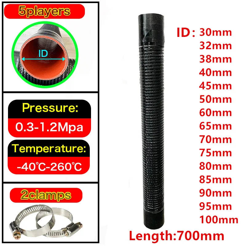 

Length 700mm Silicone Flexible Hose and 2 Clamps ID30-100mm Air Intake Pipe Cold Water Pipe Tube High Pressure Temperature