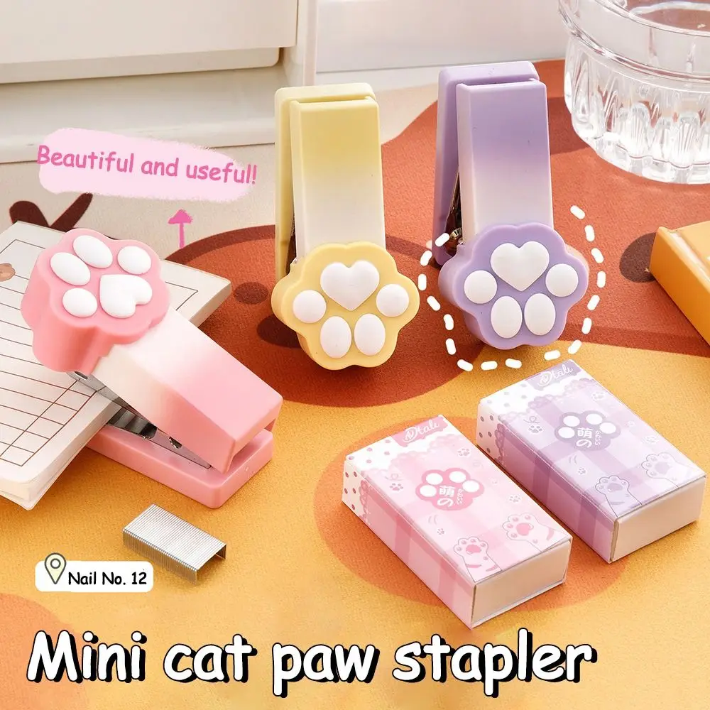 Portable Gradient Cat Claw Mini Stapler with Staples Multifunctional Paper Binder Stapler Set Student Stationery