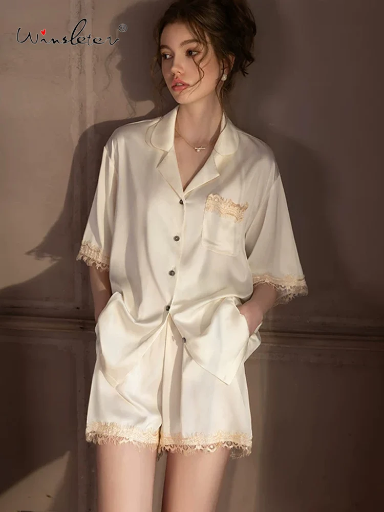Winsleter-Sexy Women 2 Piece Pajamas Set, Lace Patchwork, French Court Style Short Sleeve Shorts Homewear, 2026 Spring S5D039CC
