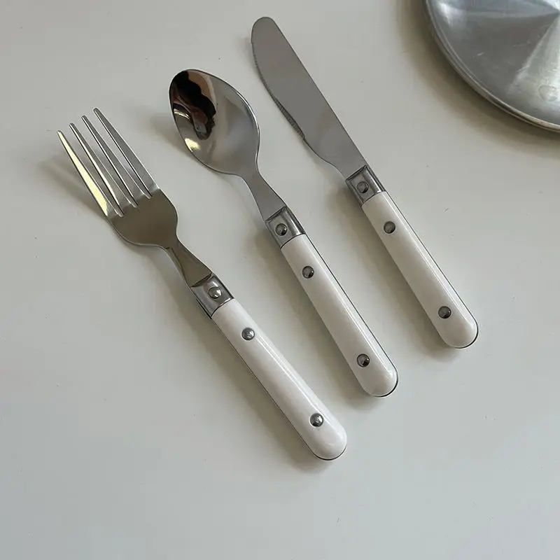 3 Pieces Tableware Dessert Steak Stainless Steel Knife Fork Spoon Plastics Handle Sets Home Accessories Dinner Bar White