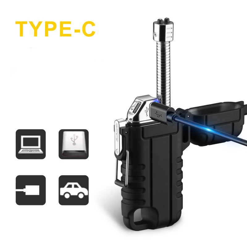 Camping Waterproof Retractable Electric Double Arc Type-C Rechargeable USB Lighter Outdoor Windproof Plasma Flameless Lighter