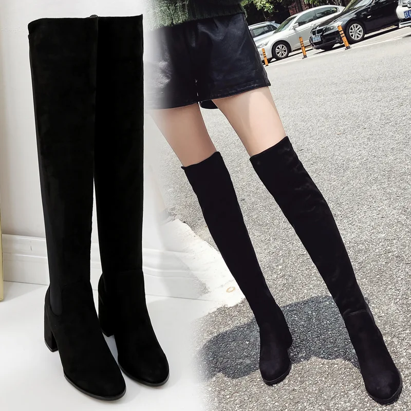 

Модные ботинки выше колена, новые зимние ботинки из искусственной шерсти и замши с круглой головкой на среднем каблуке, женская обувь, черный цвет
