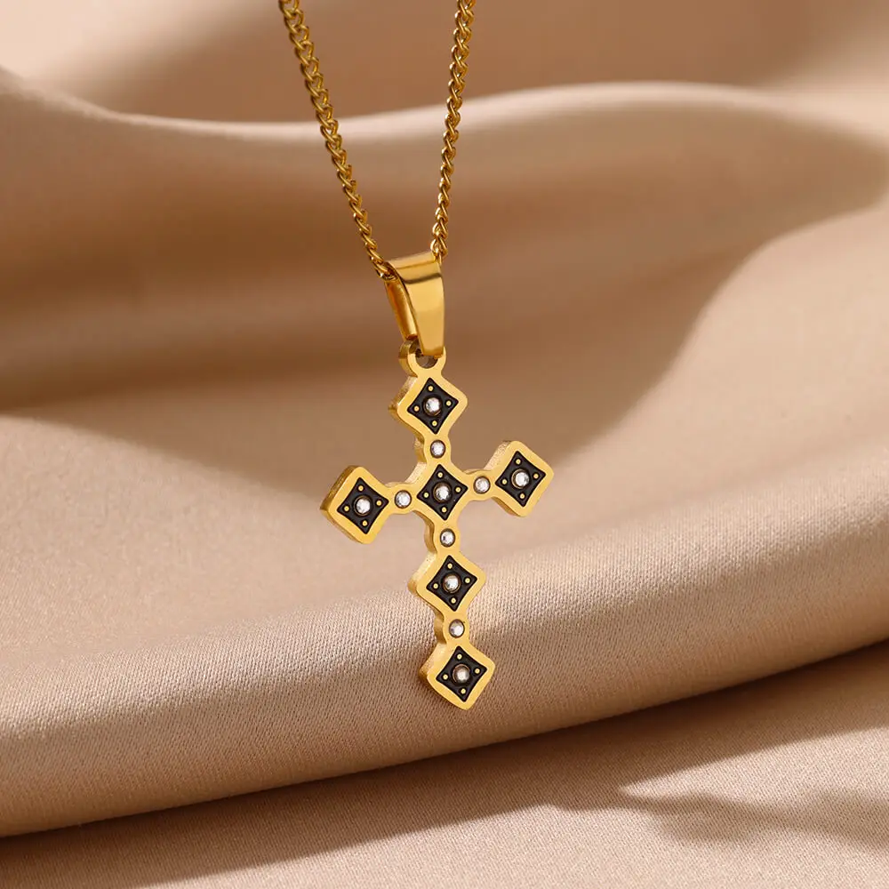 

Religious Zircon Cross Rosaries Necklace For Women Jesus Prayer Stainless Steel Gold Color Chain Choker Necklaces Jewelry Gift