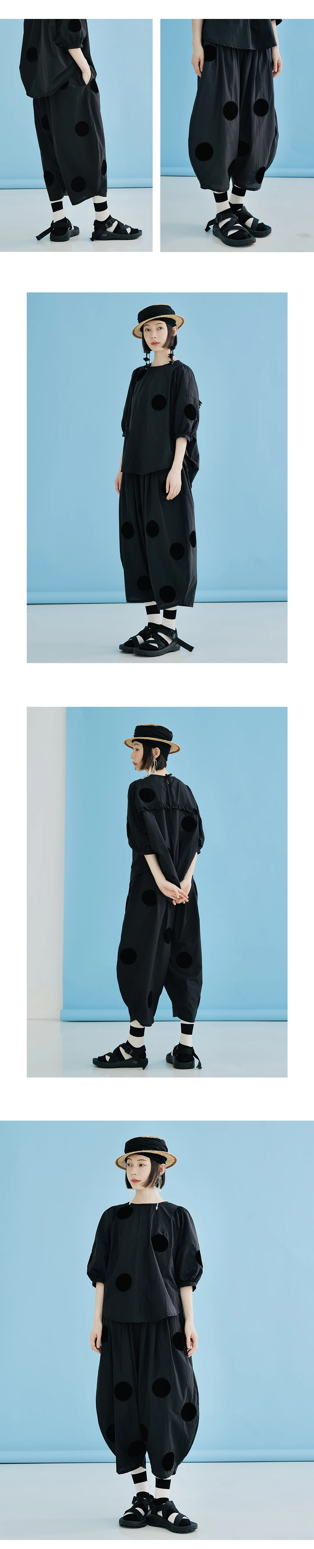 IMAKOKONI original design black polka dot thin style wide leg pants summer casual loose women's pants nine points pants