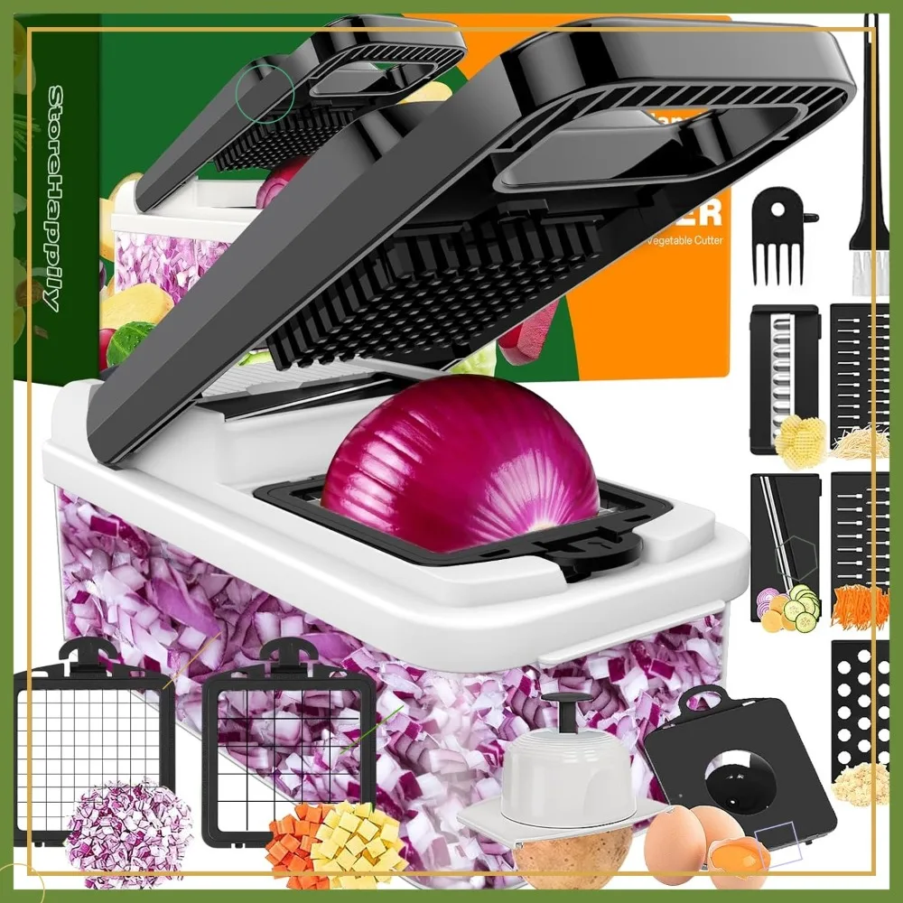

12-in-1 Vegetable Chopper with 7 Blades, Container & Lid - Multifunctional Kitchen Dicer Slicer Cutter (Black/White)