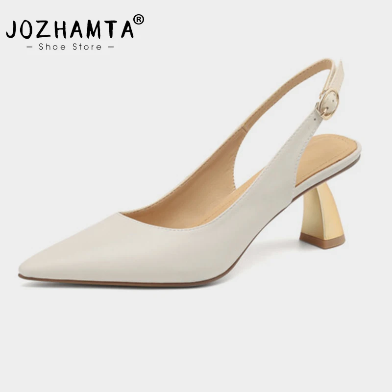 

JOZHAMTA Size 34-43 Women Slingback Sandals Real Leather Gold High Heels Summer Shoes Sexy Pointy Office Lady Dress Sandalias