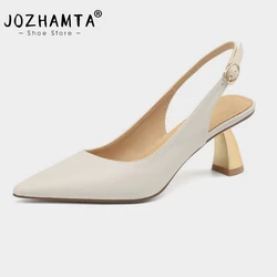 JOZHAMTA Size 34-43 Women Slingback Sandals Real Leather Gold High Heels Summer Shoes Sexy Pointy Office Lady Dress Sandalias