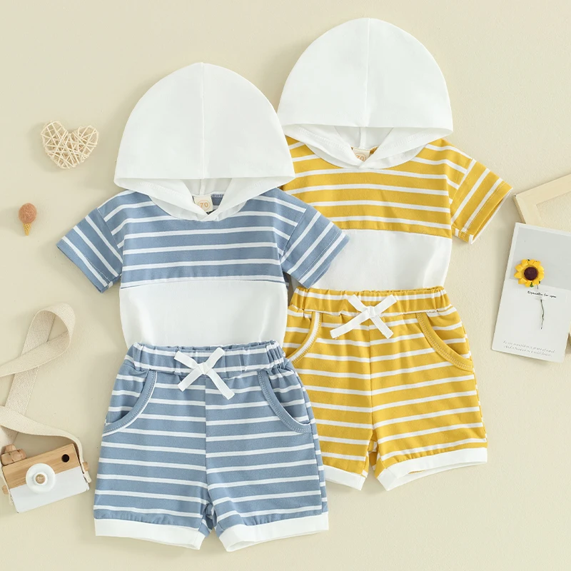 

2024-01-21 Lioraitiin 0-3Y Toddler Baby Boy Summer Clothes Short Sleeve Hoodie Top Elastic Waist Shorts Infant Boy Outfits