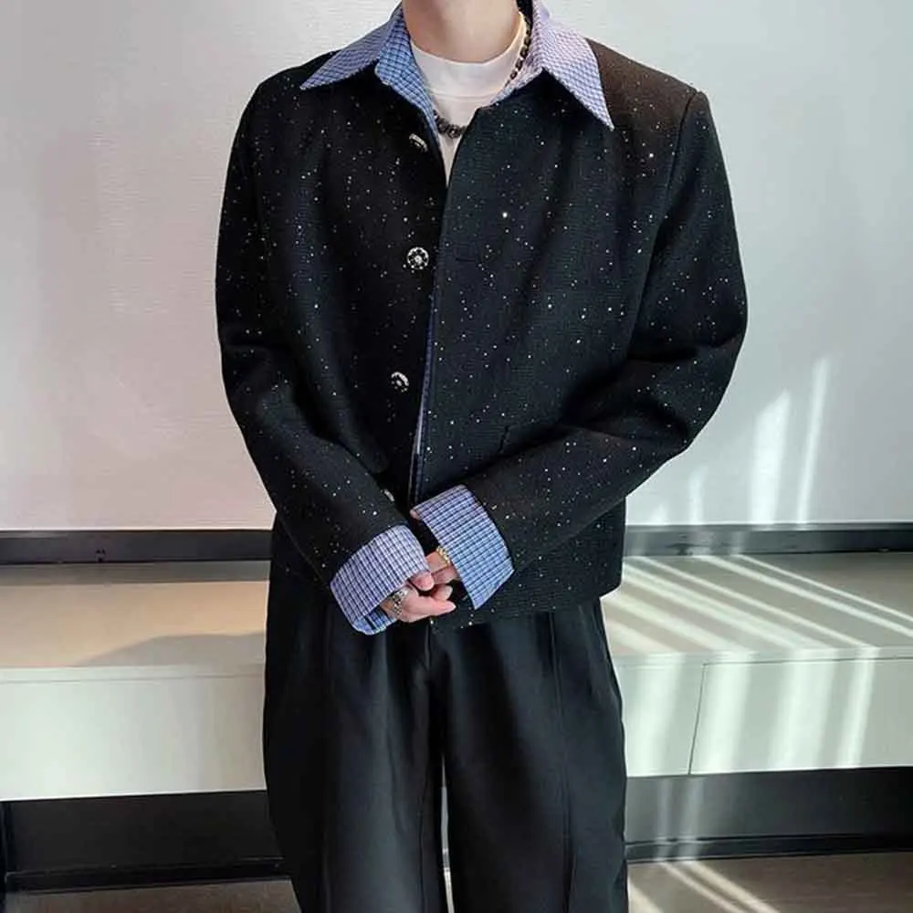 Mens Spring Jacket Faux Two Piece Patchwork Starry Sky Jacket Streetwear Fashion Nightclub Stage Performance Top Men'S Wear 2026