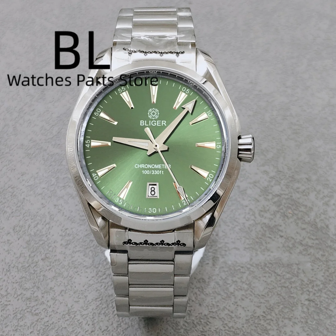 BLIGER 40mm Pomarańczowa Tarcza Sunburst AT150 NH35 Automatyczny Zegarek Męski Datownik na Godzinie 6 Szkło Szafirowe Polerowana Stal Nierdzewna Wodoodporny