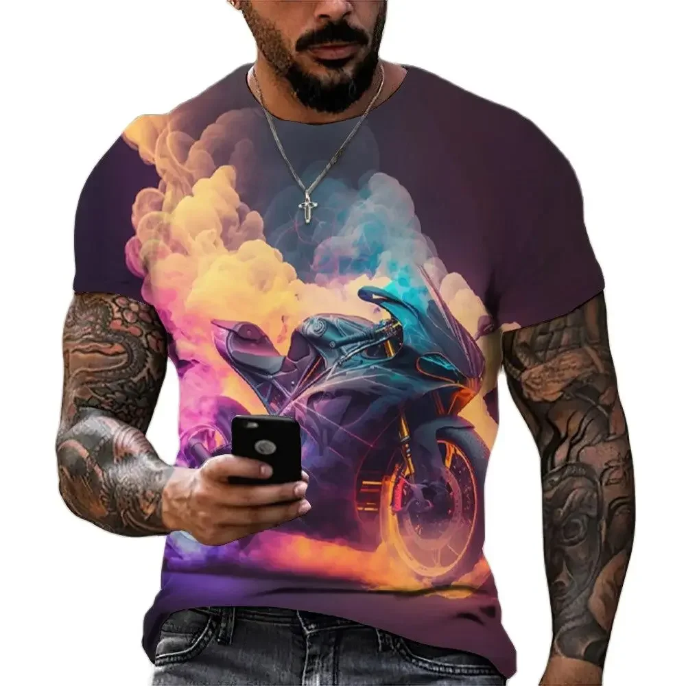 Classic Motorcycle Racing 3D Vintage Print Explosion Passion Cool Man Short Sleeve Sport Crew Neck Summer T-shirt Comfort Cool