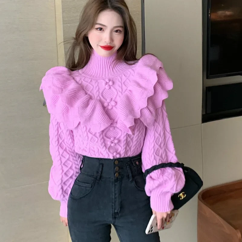 

Turtleneck Knit Twist Sweater Women Ruffles Pullover Autumn Thickened 3D Flowers Crocheted Lantern Sleeve OL Tees Tops Sueter