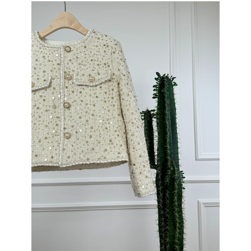 Women High-quality Pink Sequin Tweed Short Coat Fashion Sweet Shiny Versatile Long-sleeved Fragrance French Lady Short Coat view 4
