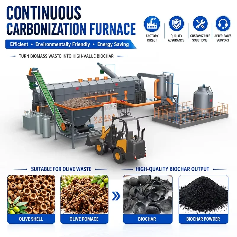 Continuous Olive Shell Pomace Charcoal Production Line Biomass Wood Waste Smokeless Charcoal Briquettes Carbonization Motor