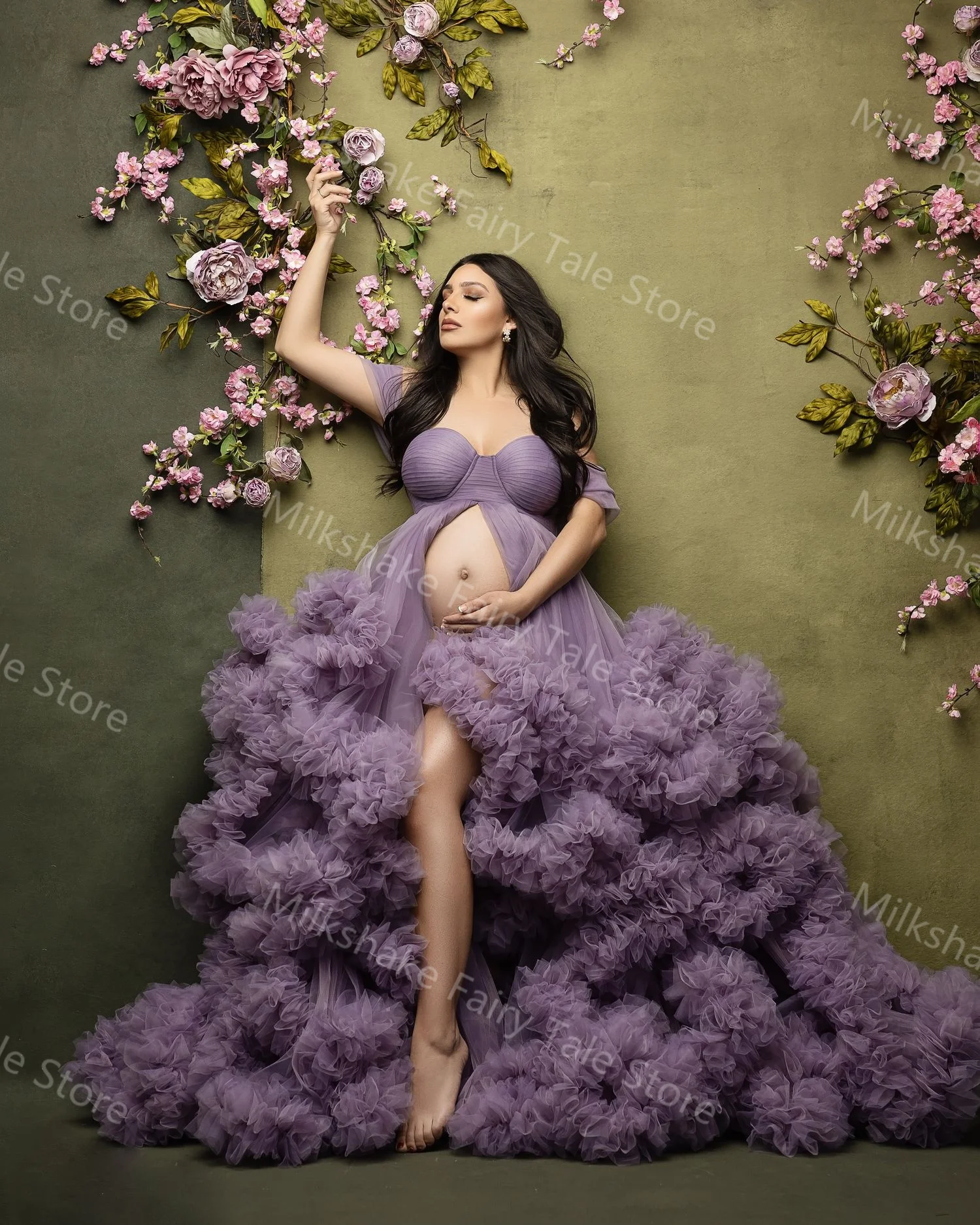 براقة الأرجواني الأمومة الجلباب للتصوير الفوتوغرافي المتدرج الكشكشة النساء الحوامل فساتين لحضور الحفلات الموسيقية خط مخصص استحمام الطفل العباءات