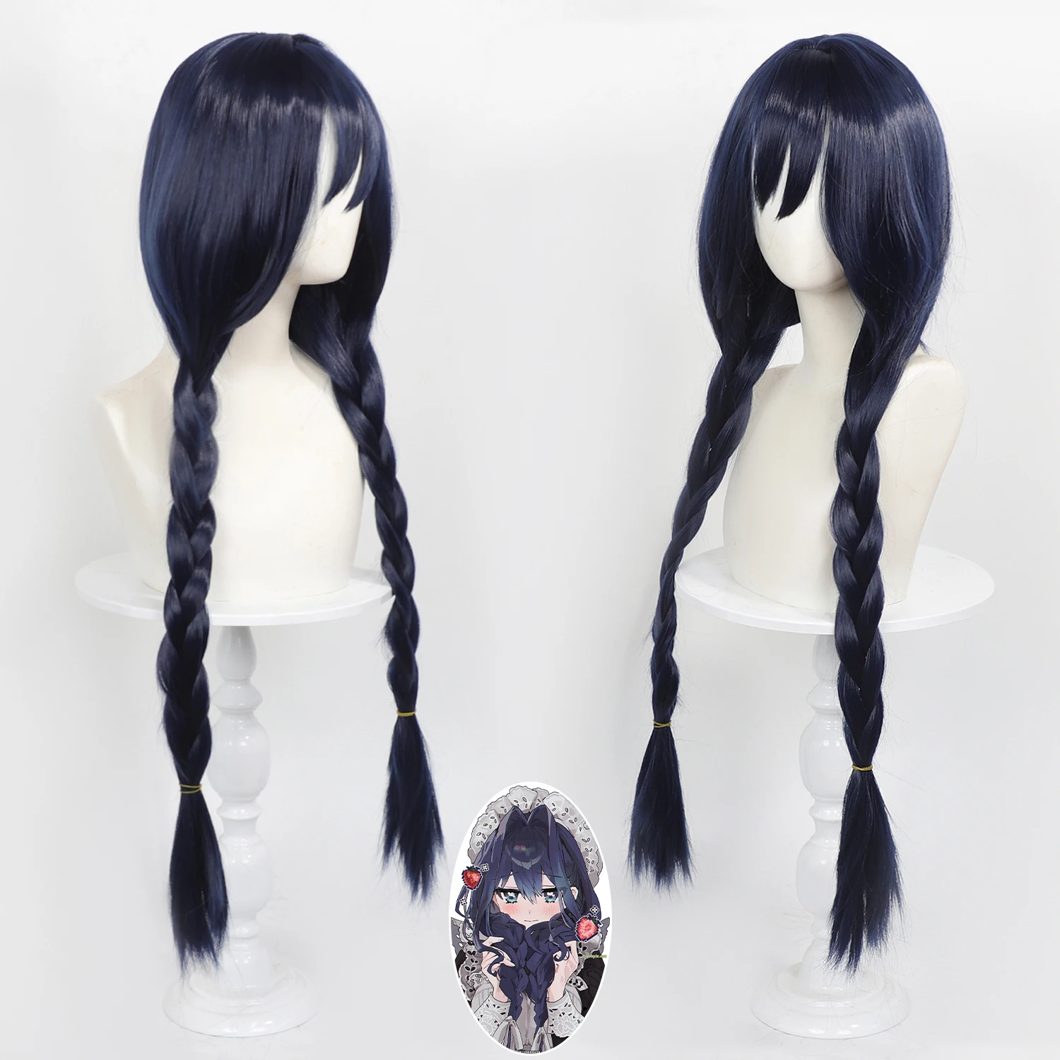 Ouro Kronii Cos Wig Hololive English VTuber Dark Blue Double Braided Wig With Scalp Top Heat Resistant Synthetic Hair Anime Cos