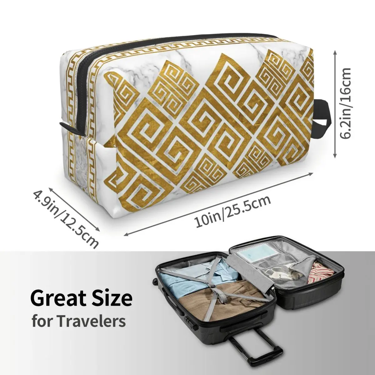 Greek Meander - Greek Key White Marble And Gold Makeup Bag Cosmetic Storage Dopp Kit Toiletry Cosmetic Bag for Women Beauty
