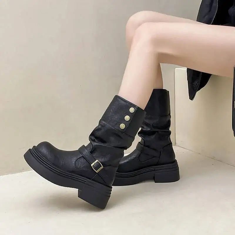 

Chunky Heel Thick-Soled Mid Calf Boots Women's Autumn Winter Retro Design Forward Foldable Leather Boots
