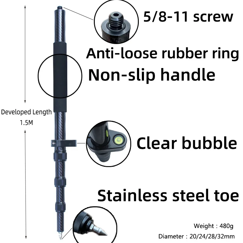 Black Carbon Fiber Telescopic Rod, Levantamento e Medição, Extensão, Perna, 1.5 m