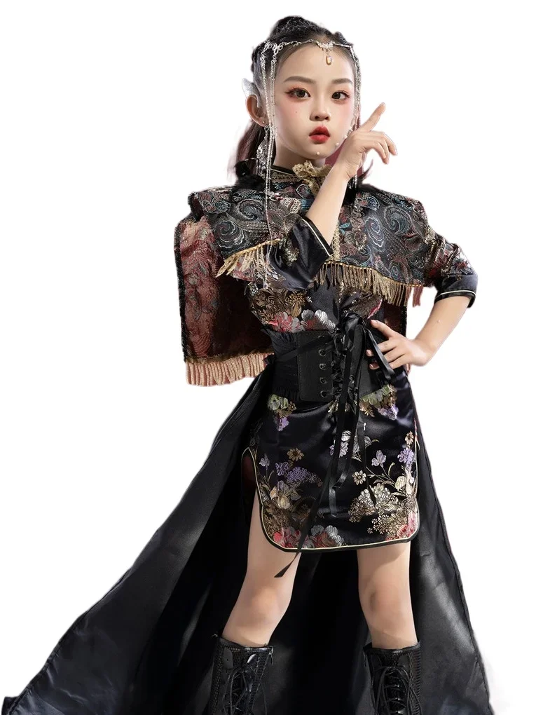 Guochao Girls Vest Cheongsam Trailing Chinese Style Model Catwalk Fashion Domineering Black Dress Set