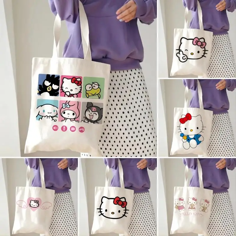 Hello Kitty Printing Shoulder Bags for Women Cute Cartoon Large Capacity Handbags Female Eco Canvas Reuseable Tote Bag