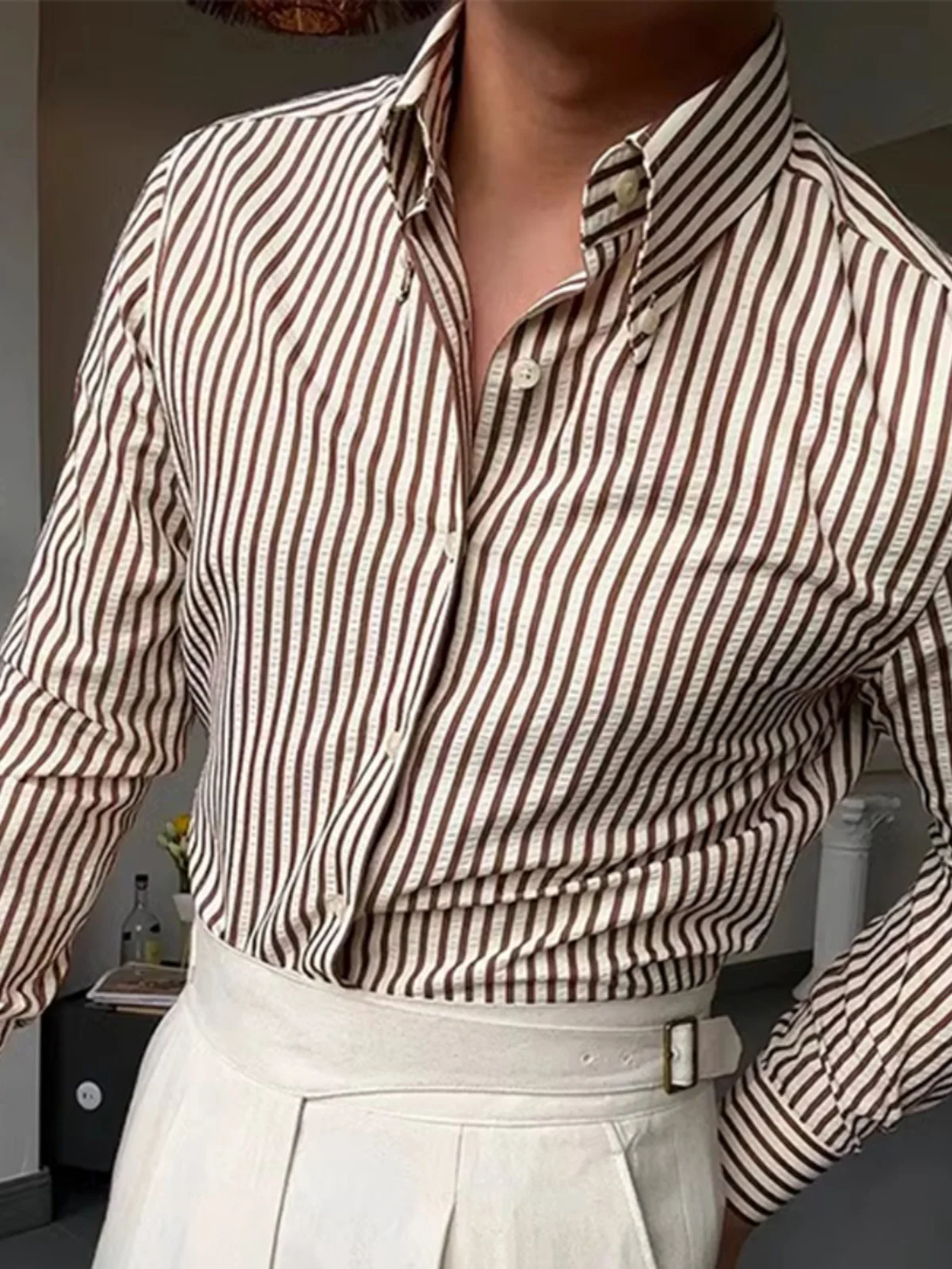 

Повседневная стильная рубашка-поло с длинным рукавом и воротником на пуговицах для мужчин, в полоску, универсальная, для ежедневной носки, осенний сезон, приталенный крой