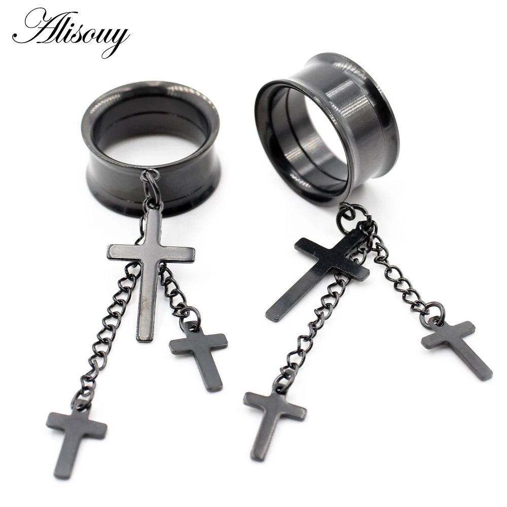 Alisouy 1pc Stainless Steel Cross Chain Dangle Thread Flared Ear Plug Tunnel Expander Stretcher Gauges Piercing Body Jewelry