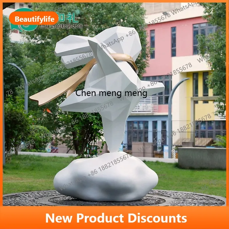 

C56 Hotel sales department floor geometry, sculpture shopping mall outdoor, block surface cloud rabbit fiberglass large ornament