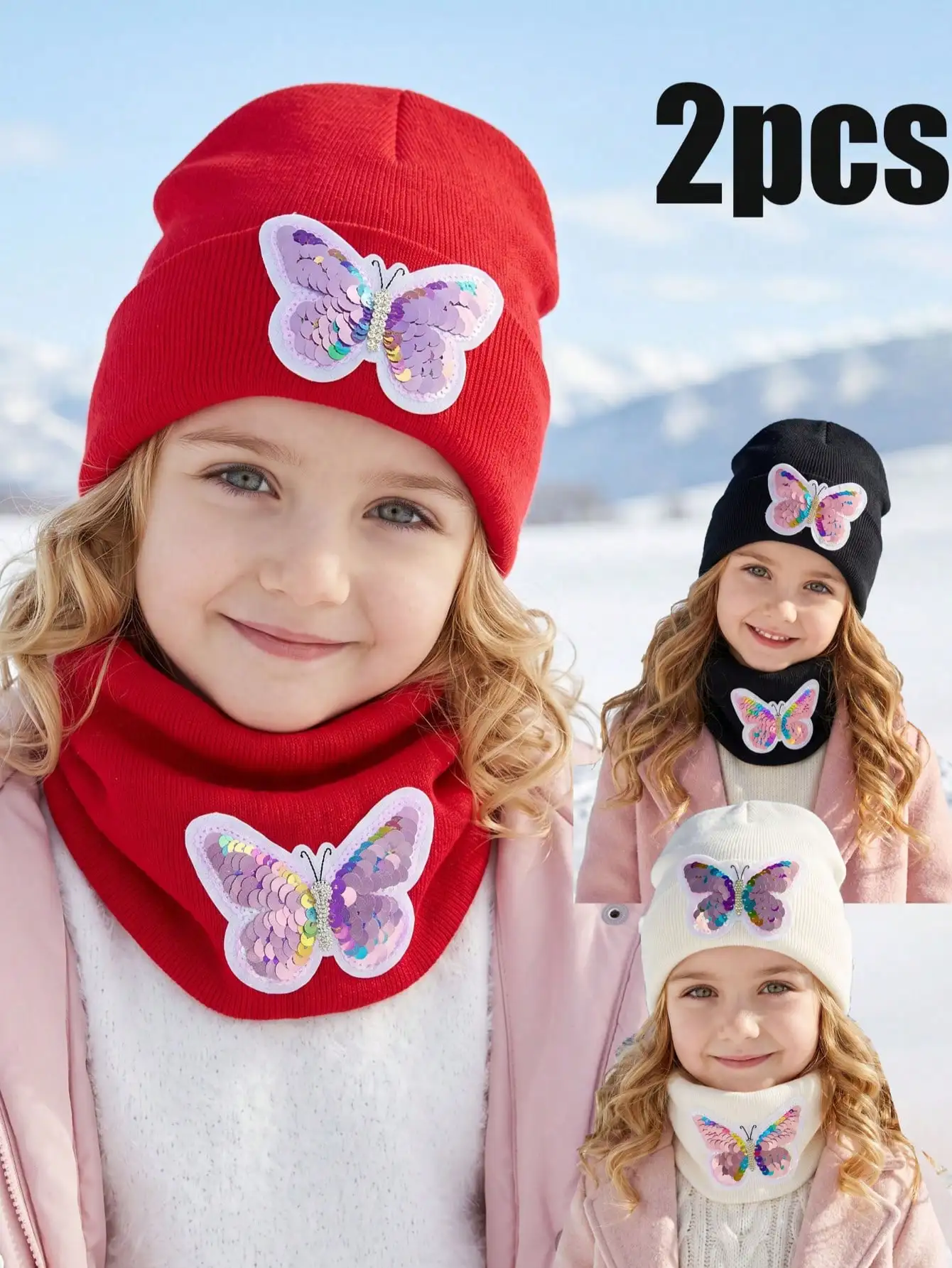 3pcs 3-15Y Cute Kids Girls Knit Hat Scarf Gloves Set, Embroidered Sequin Bow Solid 3-Piece Kit