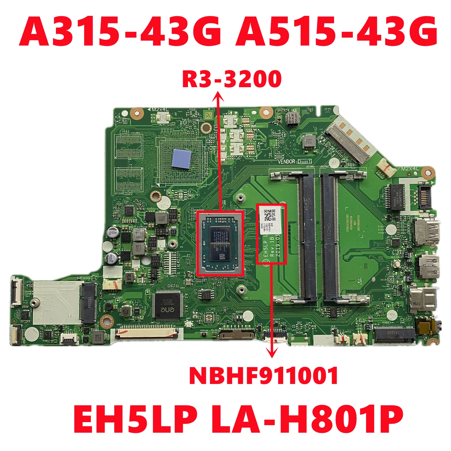 

NBHF911001 NB.HF911.001 For Acer ASPIRE A315-43G A515-43G Laptop Motherboard EH5LP LA-H801P With YM3200 Ryzen 3-3200 100% Tested