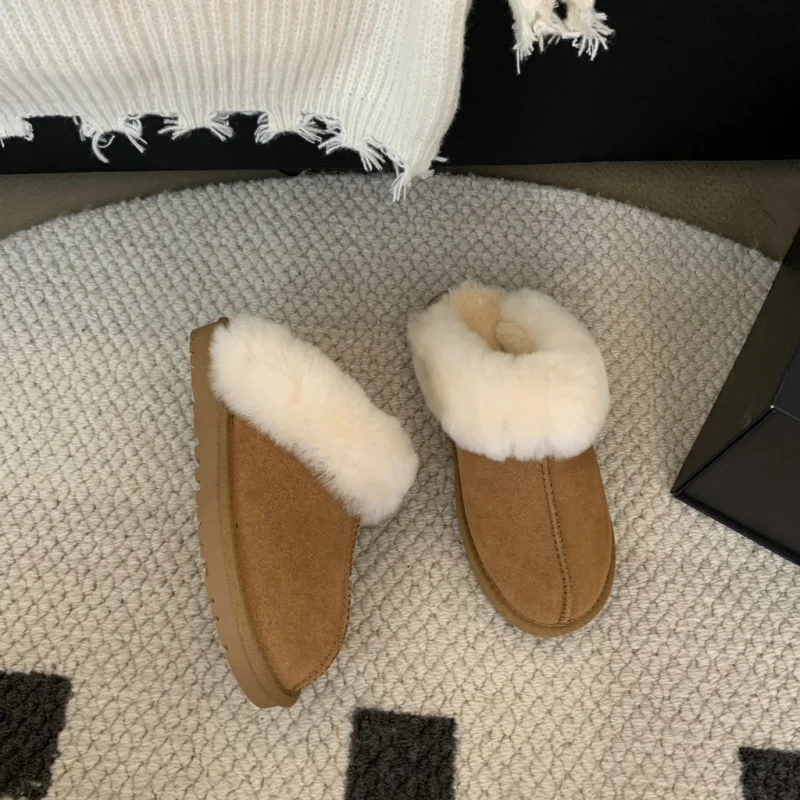 Shoes Woman 2024 Slippers Flat Cover Toe Platform Winter Footwear Pantofle New Shearling Slides PU Rome Fabric Fur Rubber Snow B