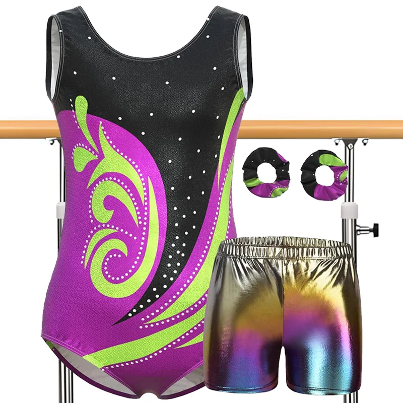 Girls 4pc Gymnastics Leotards for girl Biketard Athletic Unitard Tumbling Activewear Outfits with Matching Shorts Hairband Sets