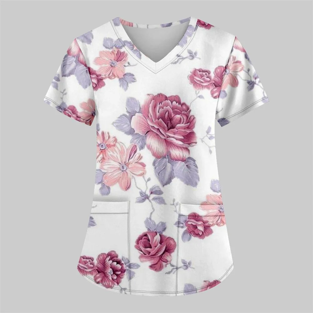 Scrub Medical Woman Floral Print Vet Nursing Tops Fashion V-Neck Short Sleeve Patch Pocket Health Care Clinical Uniform Woman